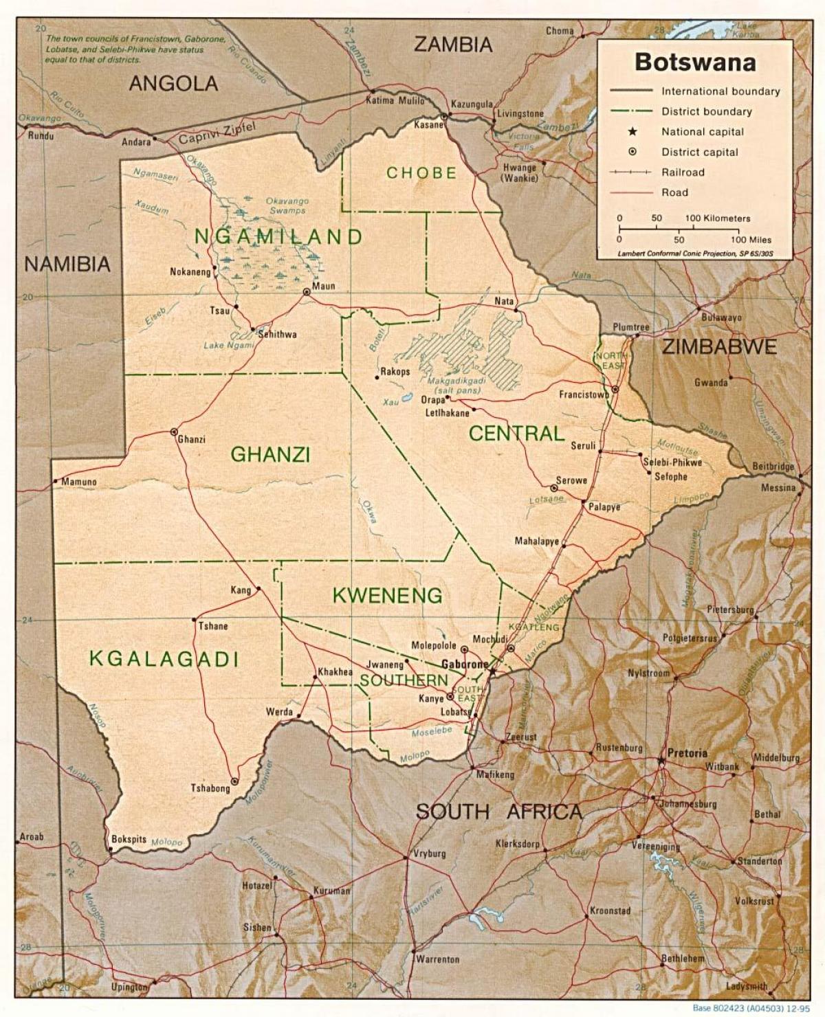 mapa Botswana zobrazovanie miest a obcí