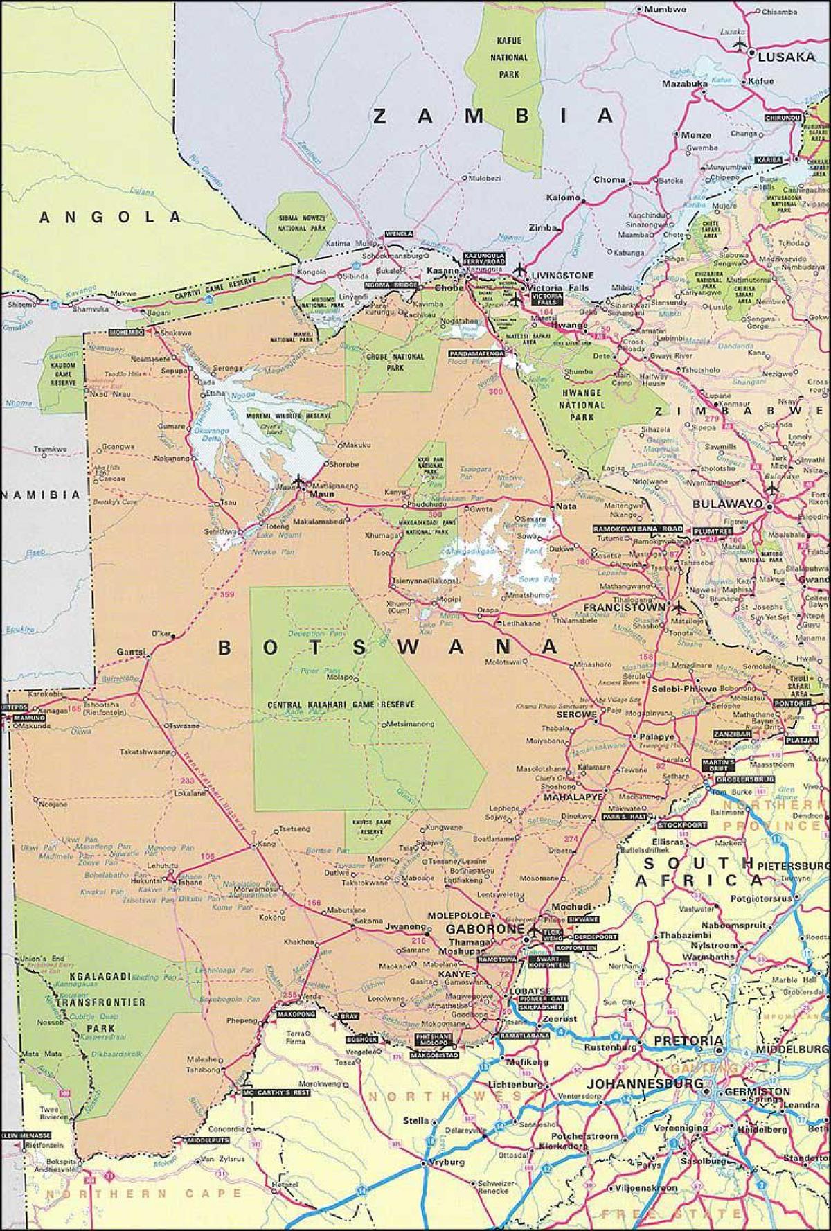 mapa podrobné cestnú mapu Botswana